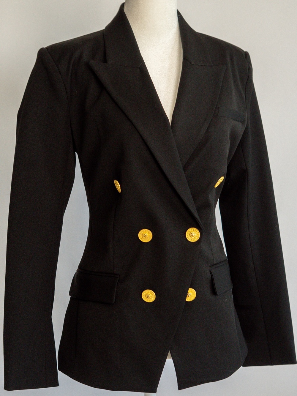L’AGENCE Classic Double-Breasted Black Blazer with Gold Buttons